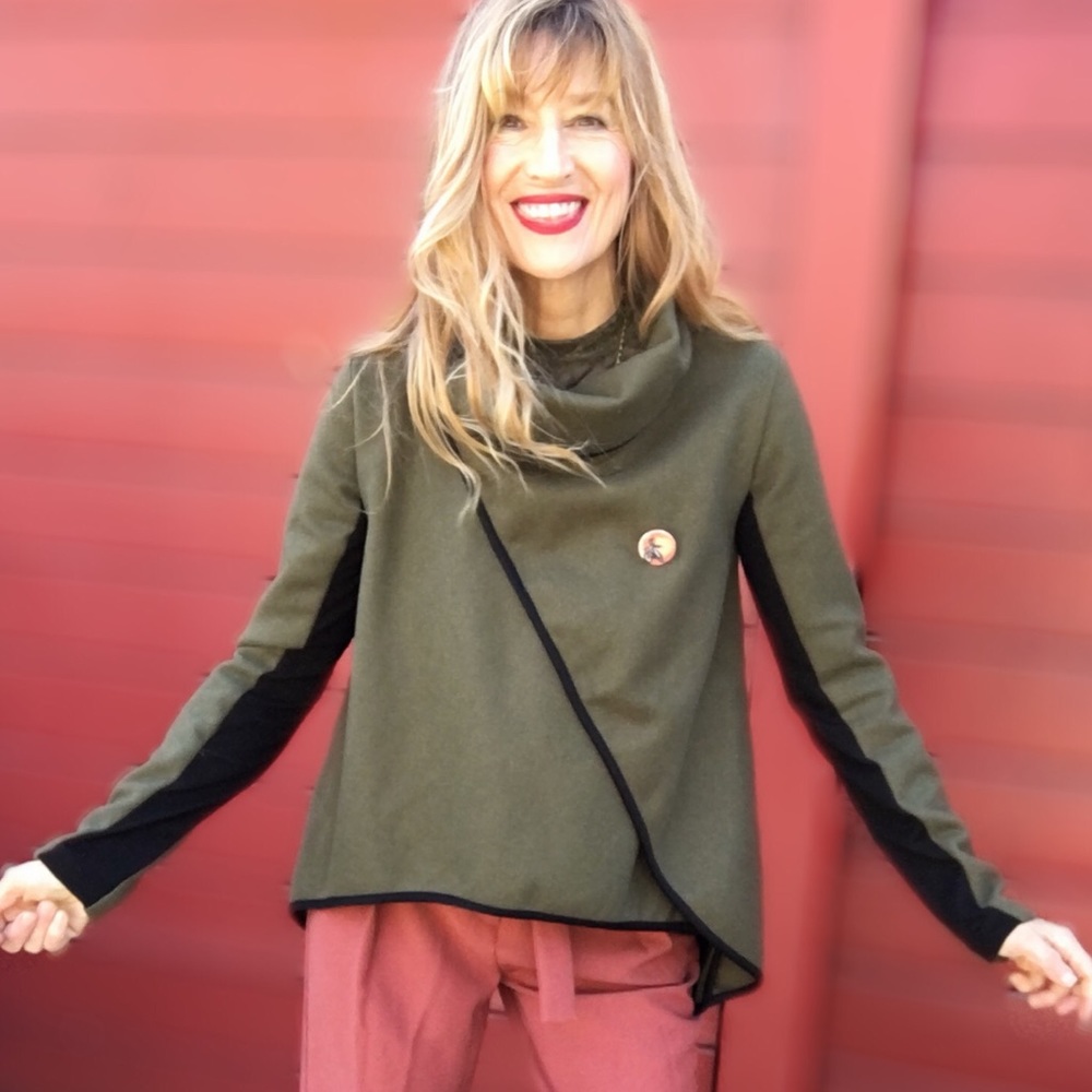 Unique cut Natalia Romano jacket in sage.